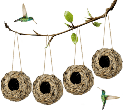 Winemana 4 Pack Hanging Hummingbird Nest House for Outside, Ball Shape, Hand Woven, Durable Sturdy, Made of Natural Grass, Perfect for Garden Patio Lawn Office Indoor - We Love Hummingbirds