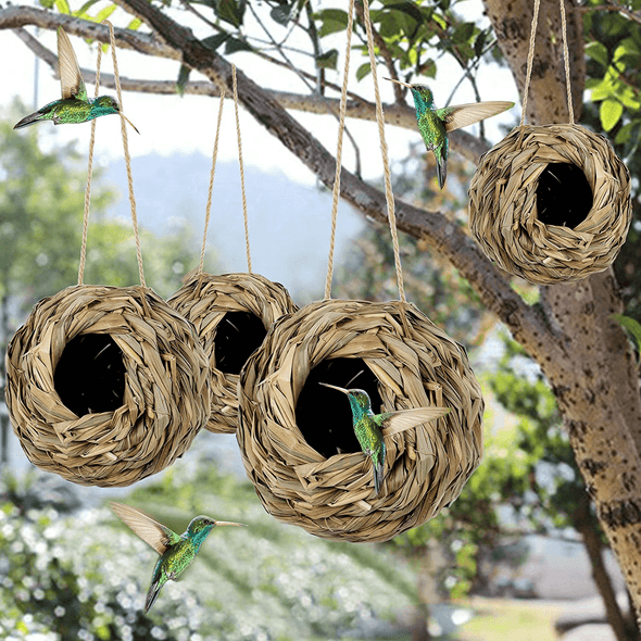 Winemana 4 Pack Hanging Hummingbird Nest House for Outside, Ball Shape, Hand Woven, Durable Sturdy, Made of Natural Grass, Perfect for Garden Patio Lawn Office Indoor - We Love Hummingbirds