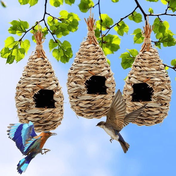 Winemana Hand Woven Hummingbird House, Set of 3 Bird Hut 9" X 4", outside Grass Hanging Bird Hut, Natural Hummingbird Nest for Outdoor. - We Love Hummingbirds